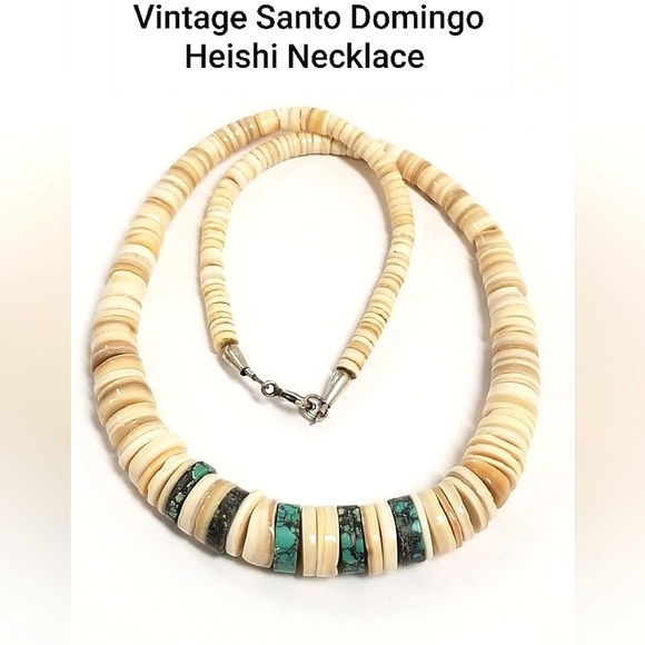 VINTAGE SANTO DOMINGO HEISHI GRADUATED TURQUOISE SHELL NECKLACE - Picture 2 of 14